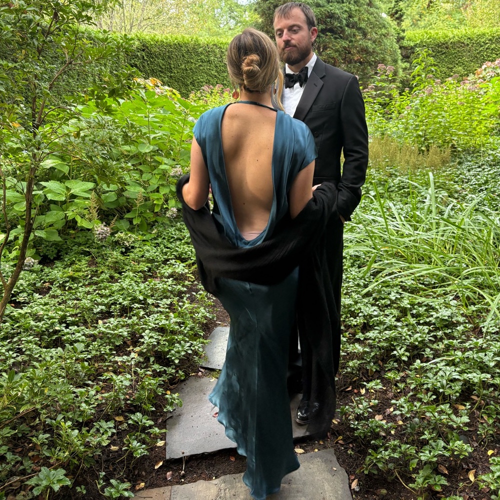 Michelle Mason Elegant Teal Open-Back Gown